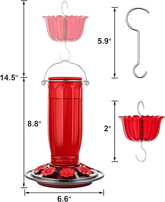 iBorn Glass Hummingbird Feeder for Outdoors Hanging Ant and Bee Proof Ant Moat for Hummingbird Feeder 8 Ports for 16oz Hummingbird Nectar, Brushed Black Nickle Cover Red Glass, Pack of 1, 2024 New