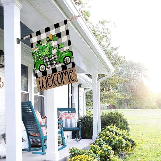 CROWNED BEAUTY St Patricks Day House Flag 28x40 Inch Double Sided Large Burlap Holiday Clovers Truck Flag for Outside Yard Welcome CF1325-40