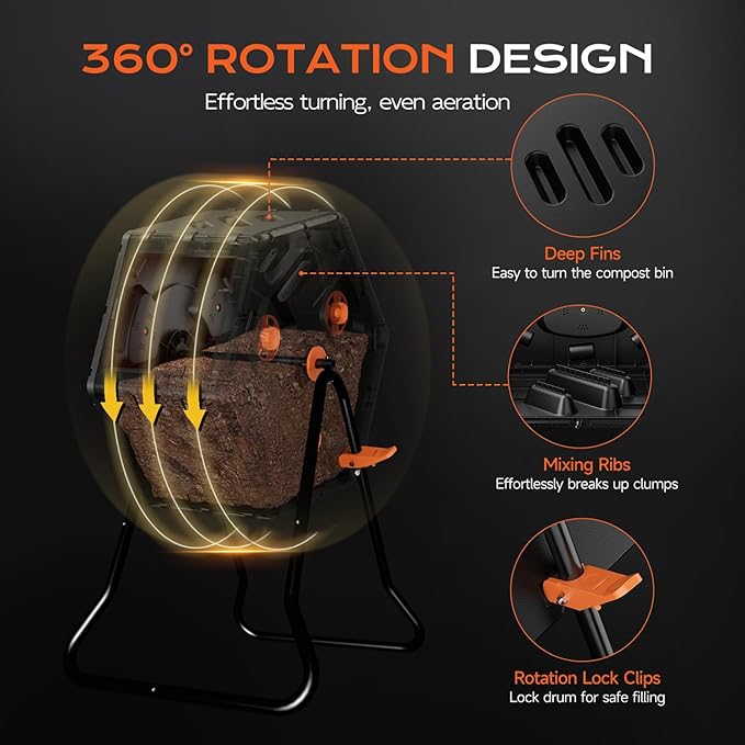 Compost Tumbler 22.5 Gallon/85L, Easy Assemble Compost Bin Outdoor, 360°Rotating Composter for Garden, Backyard, and Yard, Gifts for Seasoned Gardeners & Beginners-Orange