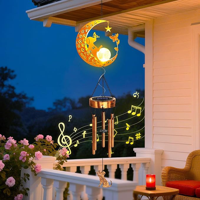 2Pack Solar Moon Dog Wind Chimes for Outside, Dog Lover Gifts for Mom Women Men Birthday Mothers Day, Hanging Outdoor Decor Cracked Glass Ball Memorial Wind Chimes for Garden Porch