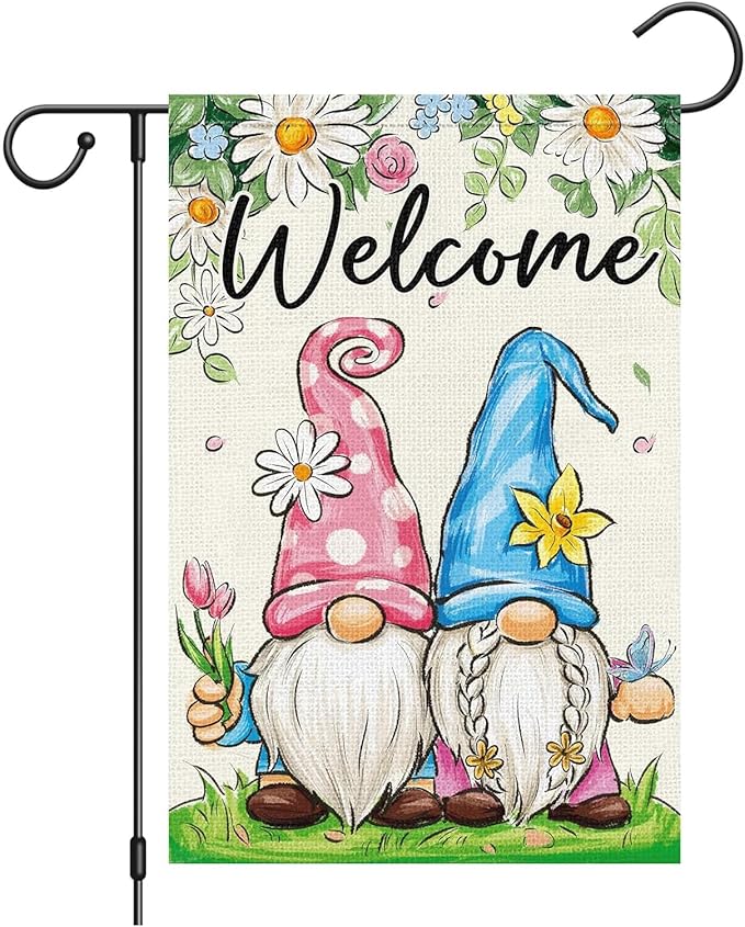 Spring Garden Flag 12x18 Inch - Cute Gnome Couple with Floral Design, Double-Sided "Welcome" Outdoor Decor for Patio Yard Spring Seasonal Decorations