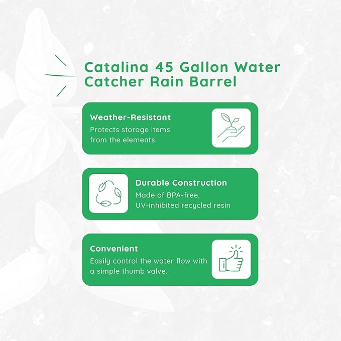 FCMP Outdoor 45-Gallon Catalina Rain Barrel – BPA-Free, Flat-Back Design with 3.5 Foot Garden Hose, Shut-Off Thumb Valve, and Fixed Lid (RB-CAT-BLK) Black