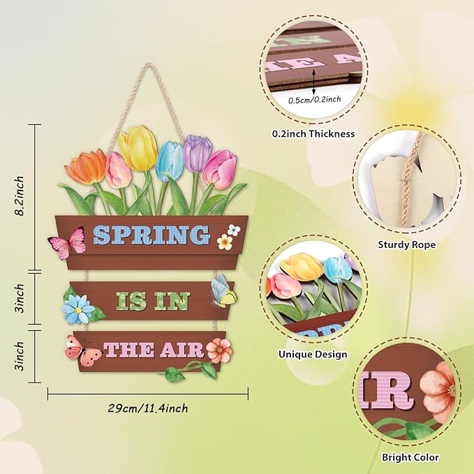 HOURIA Spring Is In The Air Wooden Door Sign(12”x14”),Colorful Tulip Flower Butterfly Spring Wall Hanging Sign,Garden Gifts,Spring Decorations for Home Garden Porch