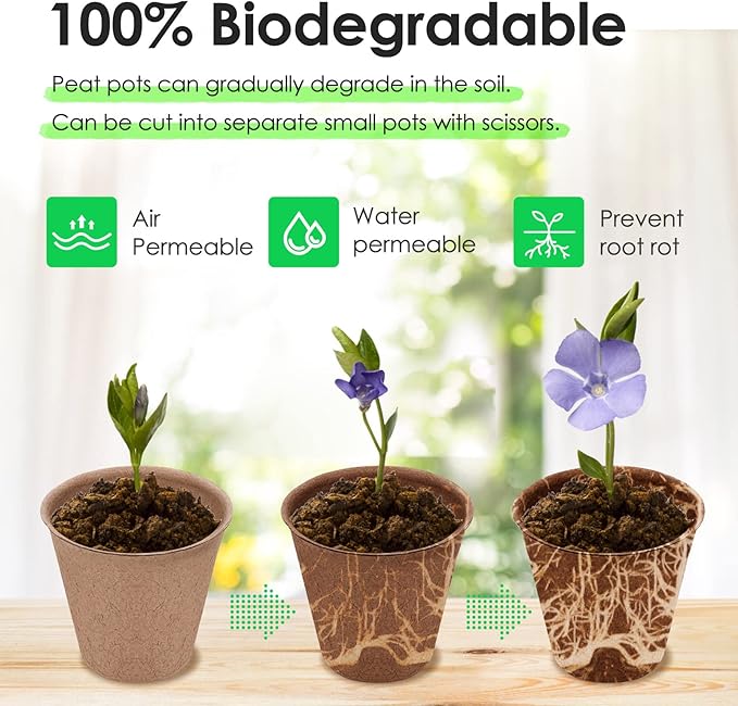 3” Peat Pots Seedling Pots Plant Starters Bulk 100 Pack Seed Starter Pots Biodegradable Plant Cups with Labels, Mini Seedling Tools for Garden Germination Nursery Pot