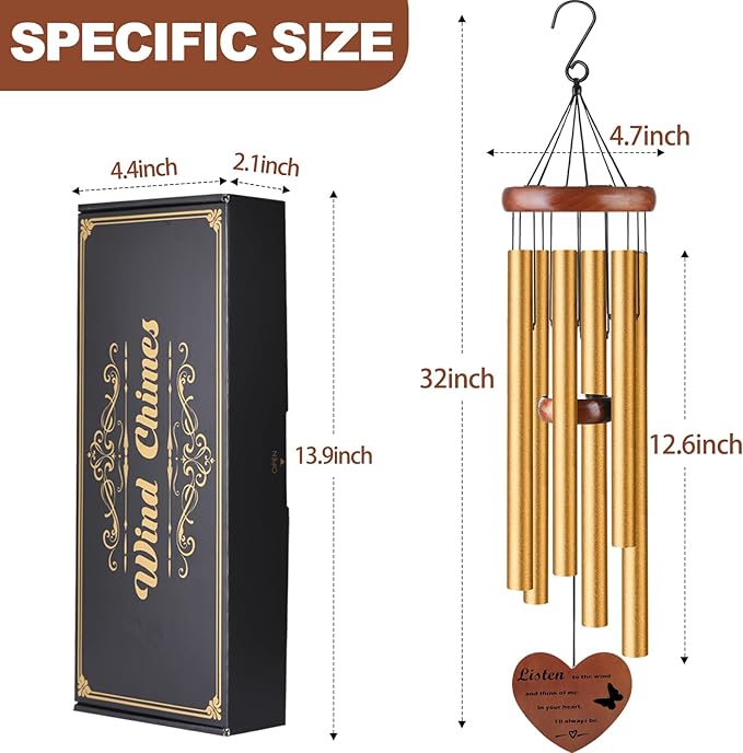 Memorial Wind Chimes for Loss of Mother or Father – Personalized Sympathy Wind Chimes for Outside, Bereavement Gift for Loss of Loved One, Unique Outdoor Memorial Gifts – Gold