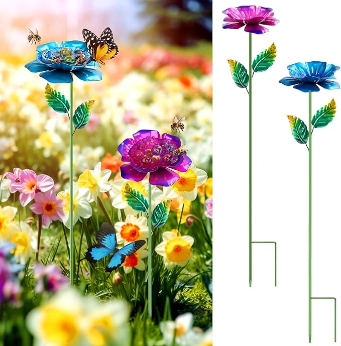 2 Pack Bee Watering Station, Metal Bee Feeder with Glass Marbles, Flower Design Bee Butterfly Watering Station Bee Waterer for Outdoor Garden Courtyard Decor