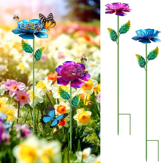 2 Pack Bee Watering Station, Metal Bee Feeder with Glass Marbles, Flower Design Bee Butterfly Watering Station Bee Waterer for Outdoor Garden Courtyard Decor