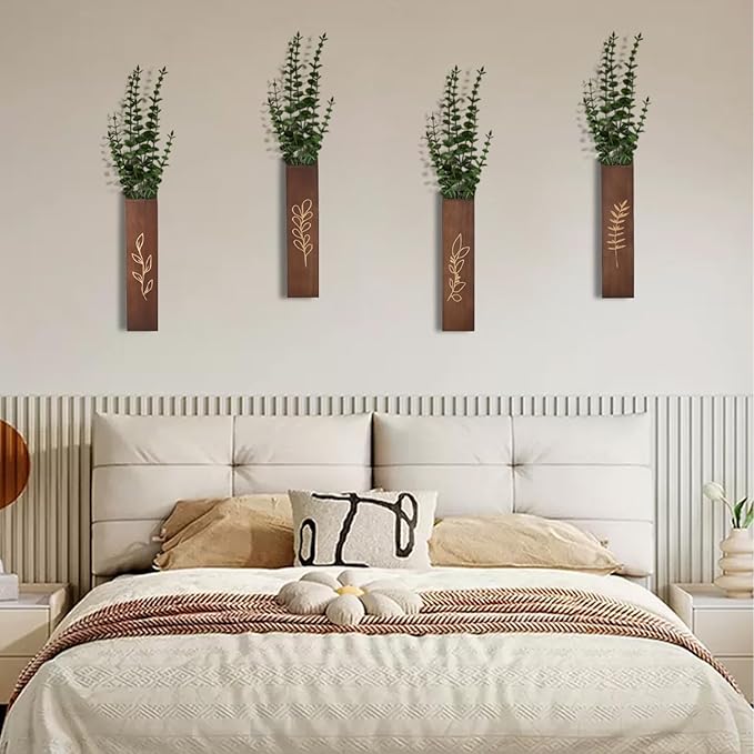 Wooden Wall Planter Set of 4 - Modern Home Decor for Living Room, Bedroom, Bathroom - Dark Brown Finish Planter for Dried Flowers, Faux Greenery, Indoor Plants