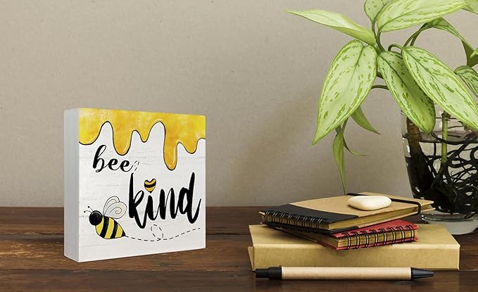 Bee Wooden Box Sign, Summer Decor for Home & Office, Rustic Tabletop Plaque, 5 x 5 Inch