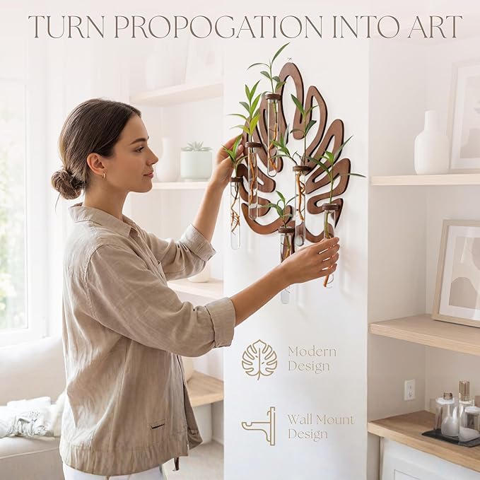 2Special Propagation Stations | Hanging Propagation Station and Wall Planters for Indoor Plants | Wooden Wall Vase, 6+1 Glass Propagation Vases for Plants | Leaf Shape Plant Propagation Station