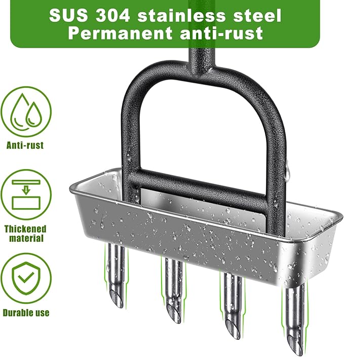 Lawn Coring Aerator Tool, Stainless Steel 4-Core Manual Plug Aerator for Yard & Lawn Aeration, Durable Aeration Tool with Soft Rubber Grip for Compacted Soil & Grass Care
