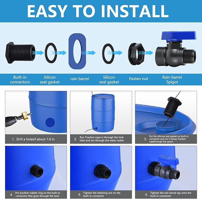 2 Pack 3/4 Inch Rain Barrel Spigot Kit, PVC Garden Hose Shut Off Valve with Bulkhead Fitting, Rain Barrel Diverter Kit for Water Tanks, Aquariums, Garden Barrel