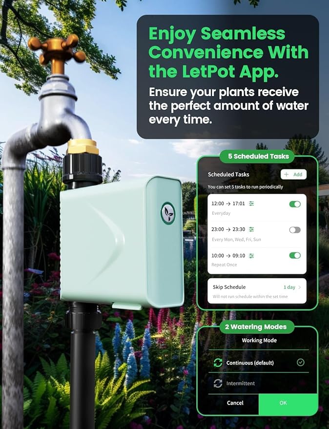 LetPot Smart WiFi Water Timer for Garden Hose Faucet, [Solar-Powered 365Days Uninterrupted Power] Sprinkler Timer Outdoor Programmable,WiFi Hub & Type-C & 5W 6000mAh Portable Solar Panels