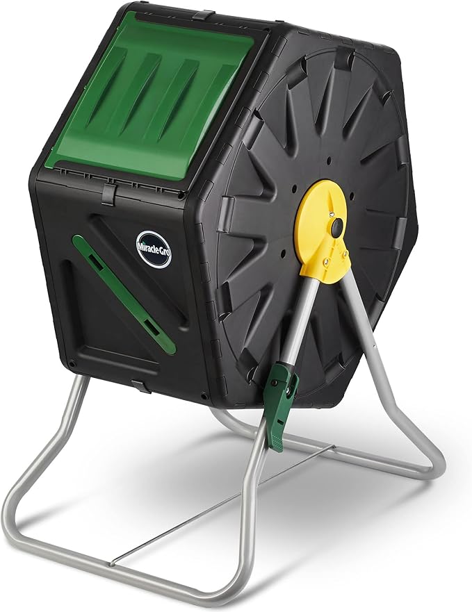 Miracle-Gro Compost Tumbler Single Chamber – Easy-Turn Composter Tumbler Outdoor for Fast Composting – Heavy-Duty Composting Bin with 1 Sliding Door (18.5 Gallon / 70 Liter)