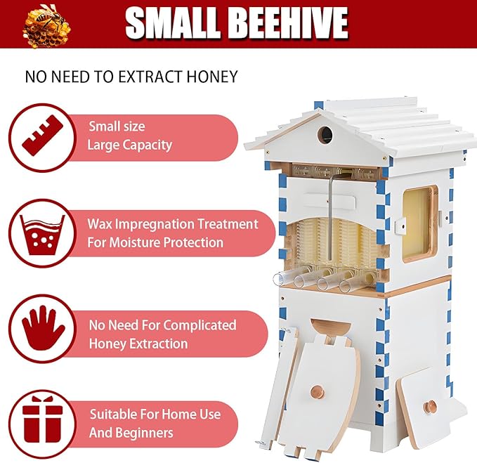 Beehive Starter Kit, Self-Flow Hive with Observation Window & Honey Spout, Complete Wooden Bee Box with 4 Frames & 6 Honeycomb Trays, for Garden Pollinators