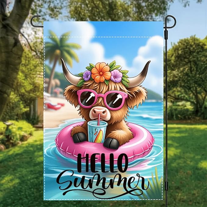 Hello Summer Highland Cow Garden Flag 12 x 18 inch Double Sided Outside Decorations,Beach Floral Cow Small Garden Flags For Outdoor Yard Lawn