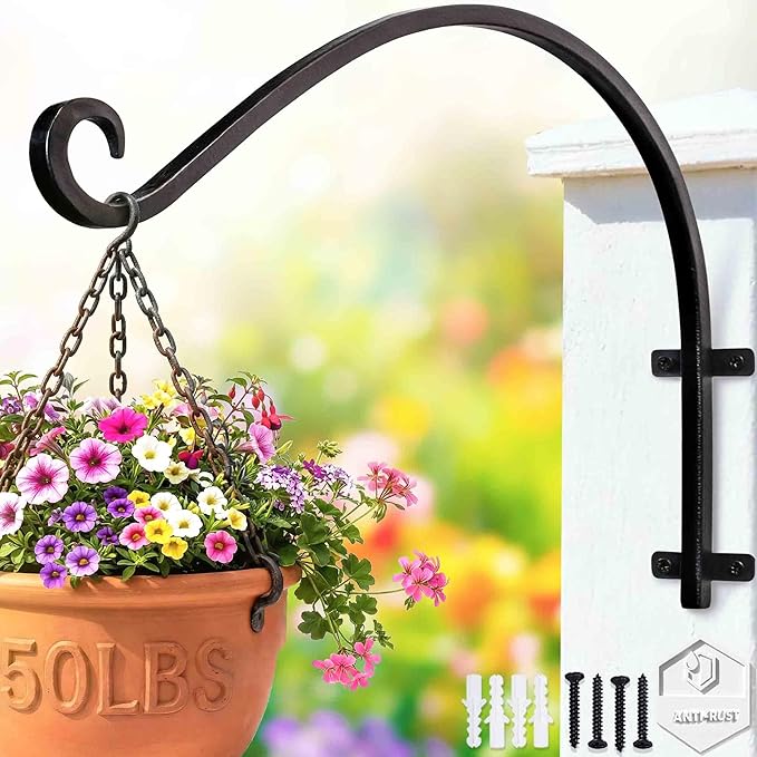 Heavy Duty Hanging Plant Bracket: 50lbs Weight Capacity - Black Metal Plant Hangers for Outside, 16 Inch Outdoor Wall Hooks for Large Bird Feeder, Lanterns, Wind Chimes, Flower Baskets
