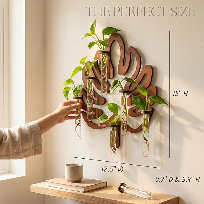 2Special Propagation Stations | Hanging Propagation Station and Wall Planters for Indoor Plants | Wooden Wall Vase, 6+1 Glass Propagation Vases for Plants | Leaf Shape Plant Propagation Station