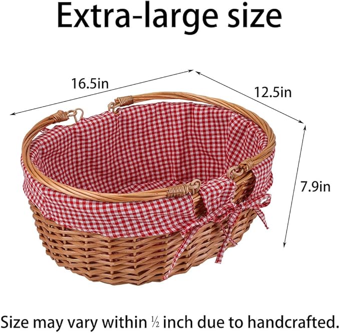 Large Wicker Picnic Basket with Handles,Handle Sturdy Woven Body with Removable and Washable Lining,Outdoor Camping,Gift Packing,Garden Picking, Storage.red