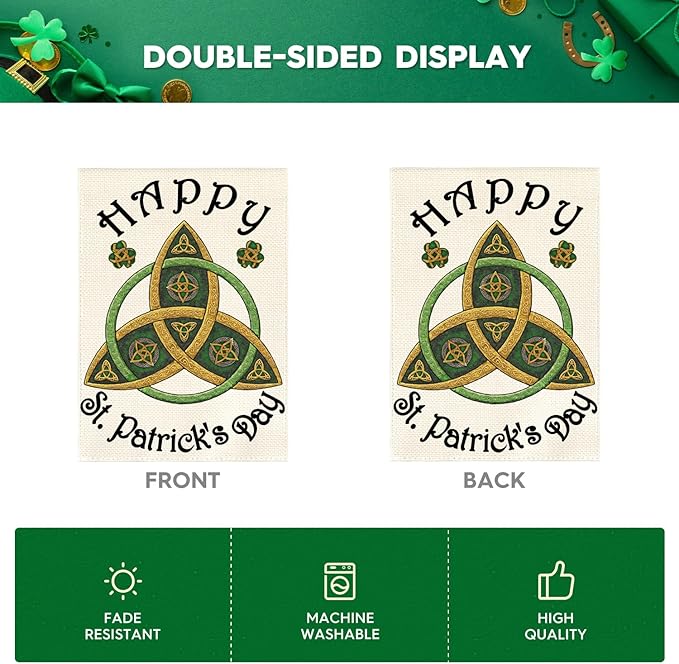 AVOIN colorlife Trinity Happy St Patricks Day Garden Flag 12x18 Inch Double Sided Outside, Shamrock Clover Welcome Yard Outdoor Decoration