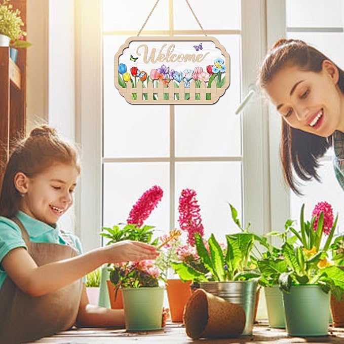 HOURIA 3D Welcome Front Door Sign (11.4”x7”),Floral Butterfly Garden Sign,Colorful Tulip Flower Wreath Sign,Spring Summer Decorations for Home Office Indoor Outdoor
