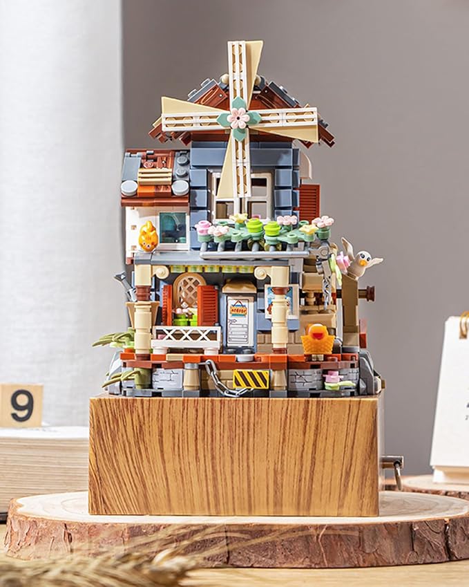 Music Box Building Blocks Set, Japanese Rustic Style Windmill House Toy Set, Mini Farm House MOC Creative Model, Gifts Idea for Kids Adults (Mini Blocks 799pcs)-1239