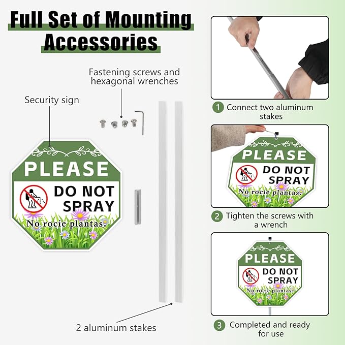 2 Pack 10" x 28" Do Not Spray Signs with Stake, Aluminum Garden Metal Signs for Outdoor Lawn, Bilingual Plant Sign in English and Spanish