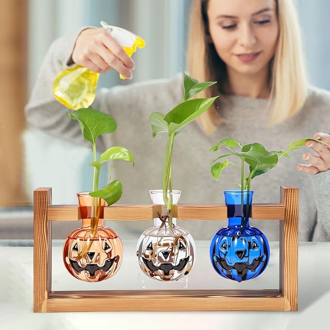 Mimorou Plant Propagation Stations Plant Terrarium with Wooden Stand Hydroponics Glass Vase Planter for Home Office Garden Table Decoration(Pumpkin)