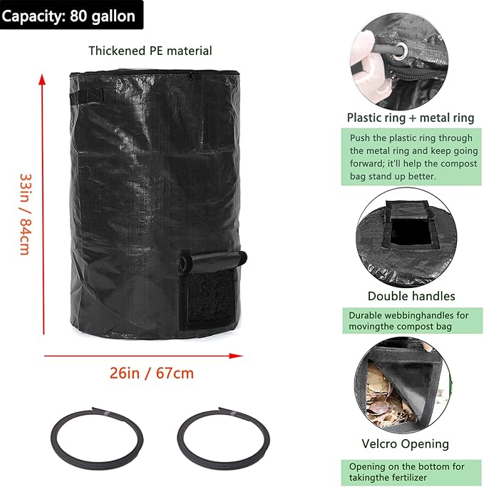 Large Compost Bin Bags,Garden Compost Bin Bags 80 Gallon(300L) Outdoor Collapsible Garden Yard Garbage Cans Leaf Bag (Black 2pcs)