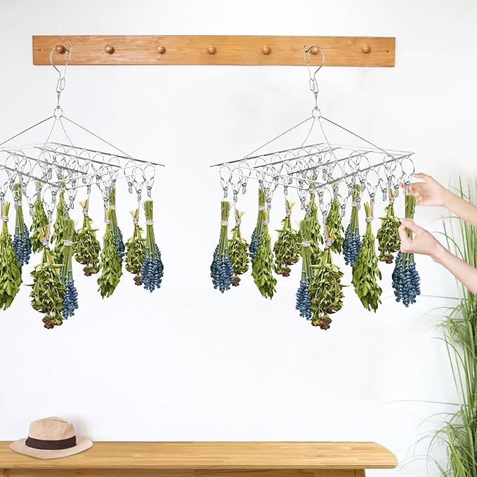 4 Pack Hanging Herb Drying Rack, Stainless Steel with 30 Hooks - Space Saving Herb Dryer for Fresh Herbs, Flowers, Tea & Culinary Herbs - Rustproof Kitchen & Garden Drying Rack