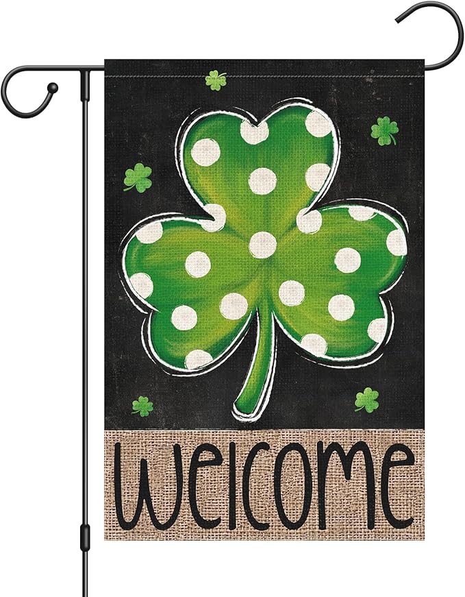 Louise Maelys St Patrick's Day Garden Flag Shamrock Welcome Double Sided 12x18 Inch Small Burlap Happy Spring Holiday Yard Outdoor Outside Home Decoration Sign