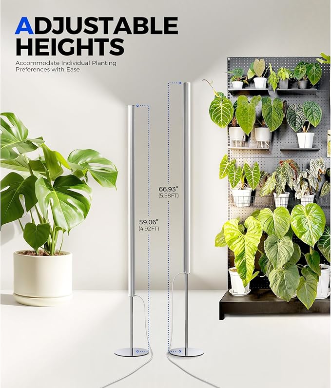 Barrina T1S Standing Grow Light for Indoor Plants with Timer, 65W 5000K High PPFD Tera Series Vertical Full Spectrum Grow Lights Adjustable Height 5FT-5.6FT, Foot Switch, Non-Glare Design, Silver