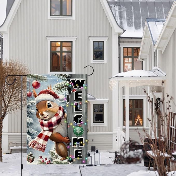 Christmas Garden Flag 12x18inch The Nut Squirrel Welcome XMAS winter Garden Flags Yard Porch House Flag Double-Side For Home Outdoor Yard Patio Lawn Decor,Happy New Year merry Christmas banners for outside Decorations (RMQ-85, 12"X18")