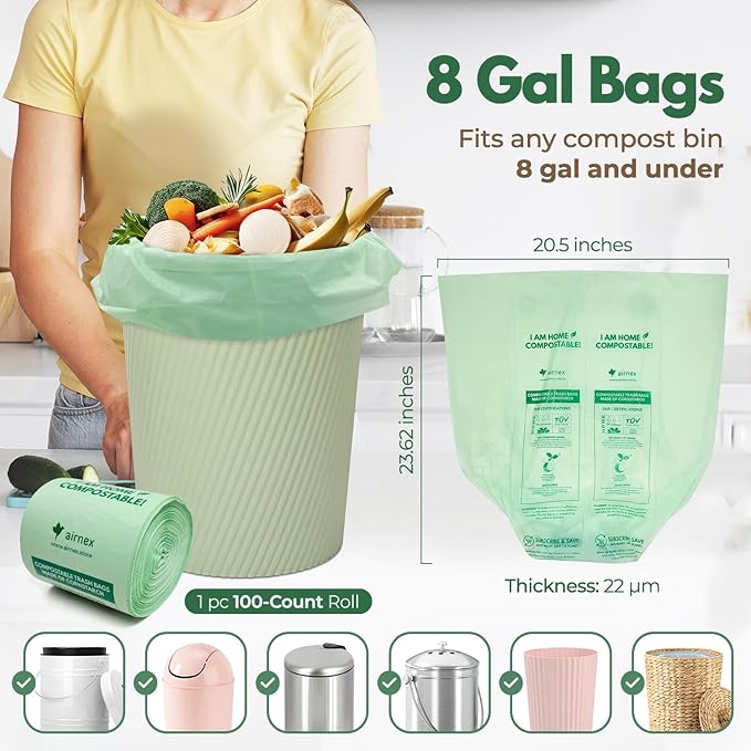 Compostable Kitchen Trash Bags 8 Gal - Cornstrarch Leakproof & Tear Resistant 50 Compost Bags - OK Compost Home & Seedling Certified 0.22 mm Kitchen Garbage Bags