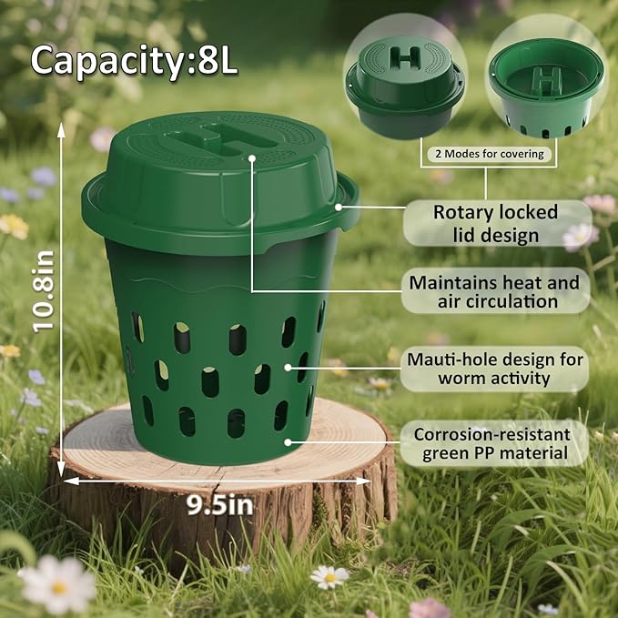 2-Pack InGround Compost Bin for Garden Beds, 8L Worm Composter Farm for Faster Composting, Worm Composter Kit with Aeration, Animal-Proof Lid for Beginners (9.5x9.5x10.8Inch) (2, Green)