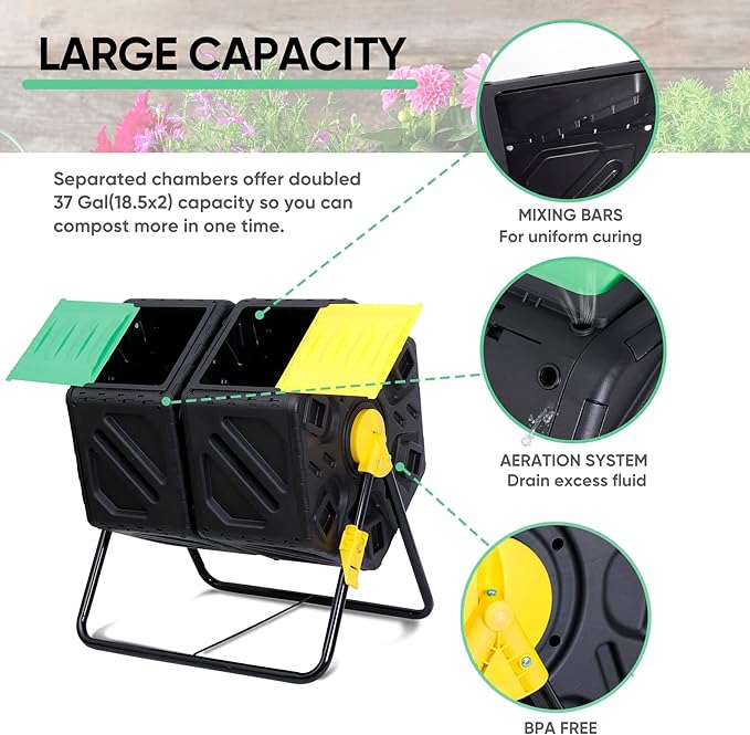 37 Gallon Compost Bin Outdoor BPA Free Dual Chamber Tumbling with 2 Sliding Doors, All-Season, Heavy-Duty, High Capacity Composter