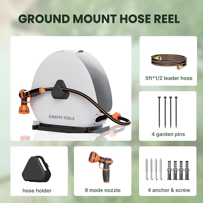 Giraffe Tools 130FT Heavy Duty Ground Retractable Hose Reel, 1/2 Inch Automatic Rewind Garden Hose Reel for Lawn & Yard, Swivel Base for Concrete/Patio, Durable Ground Mount Helper