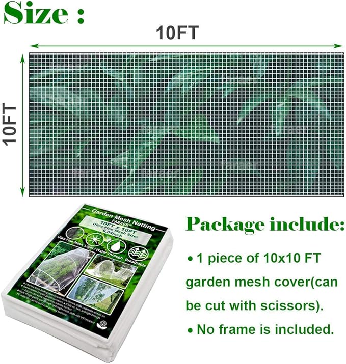 Garden Barrier Netting, Plant Covers 10x10Ft Ultra Fine Mesh Netting Protect for Vegetable Plants Fruits Flowers Crops Greenhouse Row Covers Raised Bed Barrier Screen Birds Animals Protection Net