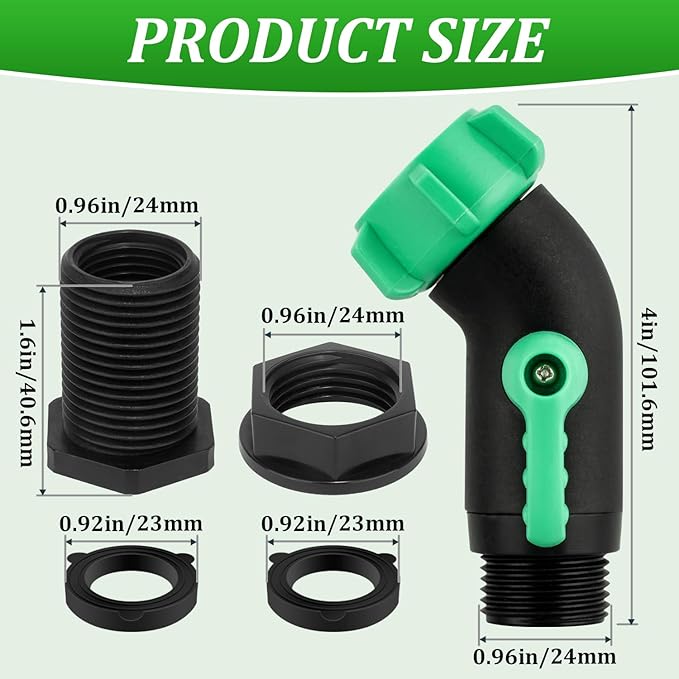 2 Pack Rain Barrel Spigot Kit, 45 Degree 3/4" GHT Heavy Duty Plastic Water Hose Shut Off Valve with Bulkhead Fitting, Garden Hose Shut Off Valve with 4 Gasket, 2 Traction Rope and Tape