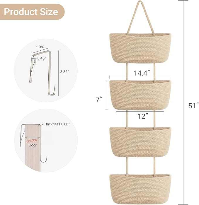 Dahey Over The Door Hanging Basket 4-Tier Woven Boho Wall Mounted Storage Organizer with Hooks for Bedroom Nursery Bathroom Apartments Dorm Pantry Decor, Jute