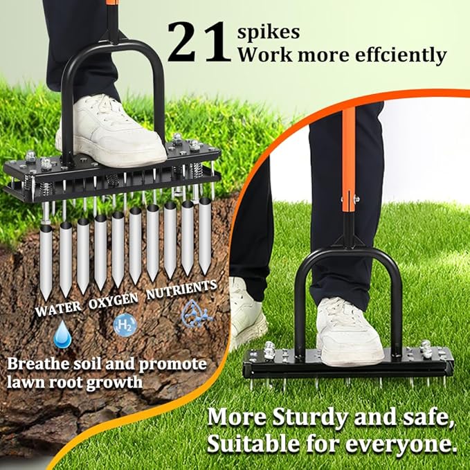 Lawn Aerator Tool – Grass & Yard Aerator, 4 Adjustable Height Settings, Metal Construction with Ergonomic Handle and Spring-Assisted Design for Effortless Yard Care.