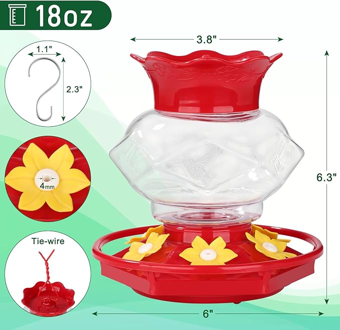 Hummingbird Feeders for Outdoors Hanging Ant and Bee Proof, 18OZ Diamond Humming Bird Feeders for Outside Circular Perch with Leak Proof & 6 Feeding Ports, Gifts for Women,1 Pack Plastic