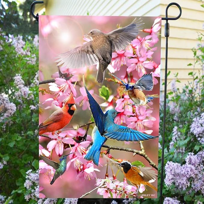 Anley Double Sided Premium Garden Flag, Spring Peach blossom Flower and Bird Welcome Decorative Garden Flags for Home Decor - Weather Resistant & Double Stitched Yard Flags - 18 x 12.5 Inch