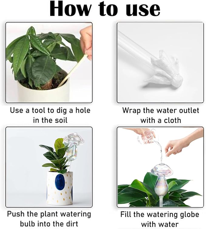 Plant Watering Globes 4 Pack, Self Watering Planter Insert, Mushroom Self Watering Globes for Indoor & Outdoor Plants, Top-Fill Watering, Watering Bulbs Made from Hand-Blown Durable Glass