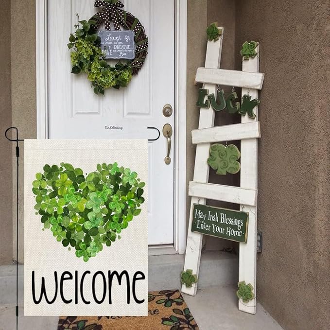CROWNED BEAUTY St Patricks Day Garden Flag Shamrocks Heart 12x18 Inch Double Sided for Outside Green Small Burlap Welcome Holiday Yard Decoration