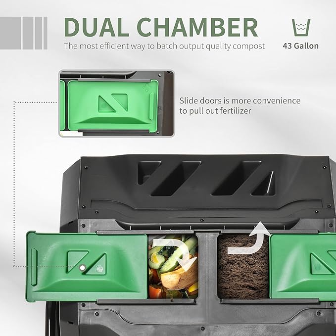 Compost Bin Outdoor, 43 Gallon Dual Chamber Tumbling Composting with Sliding Doors, Large Compost Tumbler, Compost Bin for Garden, Kitchen, and Yard Waste, Black+Green