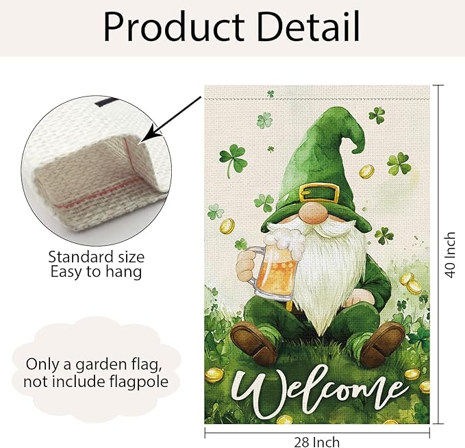 St Patricks Day Gnome House Flag 28x40 Inch Double Sided，Lucky Shamrocks Large Burlap Flag Welcome Irish Holiday Yard Outdoor Decor