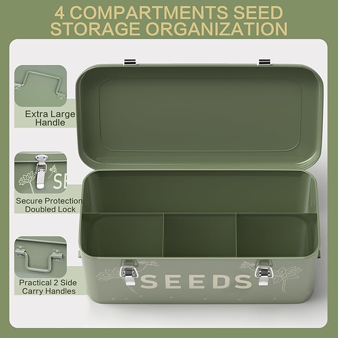Orionstar Metal Seed Storage Organizer, 4 Compartments Saving box with 30 Envelopes & Labels, Garden Organization Bin for Heirloom Protection, Vintage Dark Green