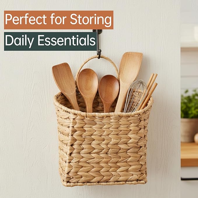 Wicker Hanging Basket,Woven Hanging Wall Basket for Organizing and Decor,Natural Water Hyacinth Wall Mounted Storage Baskets for Farmhouse Home,Door,Entryway,Flower,Mail,Plant,Set of 2