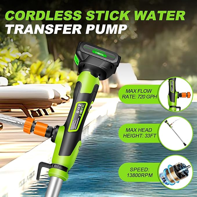 Cordless Stick Water Transfer Pump, Battery Powered Portable Stick Utility Pump with 2x2000mAh 21V Battery，720GPH, 33FT Head，3/4" Outlet for Gardens, Ponds, Boats, RVs, Underground Garages